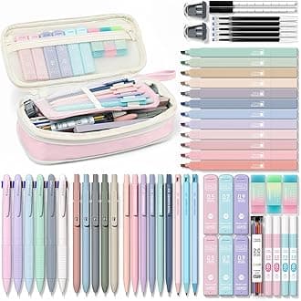 56 PCS Aesthetic School Supplies with Cute Pencil Case, 6 Multicolor Pen, 12 Pastel Highlighters, 5 Gel Pens Black Ink, 9 Mechanical Pencils for Student Stationary Set Preppy Stuff (Pink)