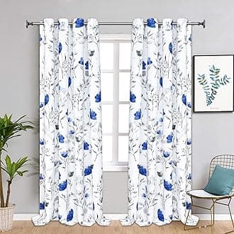 Likiyol Floral Curtains Watercolor Flower Leaves Window Curtains,Blue and Gray Floral Drapes Grommet Window Drapes for Bedroom Living Room Kitchen Bathroom Nursery (52 x 84 Inch, 2 Panels)