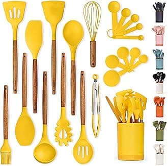 Silicone Kitchen Utensils Set & Holder: Cooking Utensils Set - Kitchen Essentials for New Home & 1st Apartment- Silicone Spatula Set, Cooking Spoons for Nonstick Cookware (Acacia Wood, Yellow)