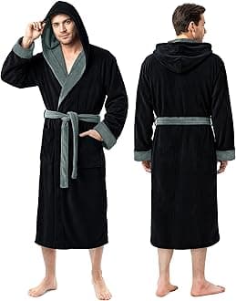 Mens Robe with Hood, Luxury Plush Fleece Hooded Mens Bathrobe, Spa Bath Robe for Men