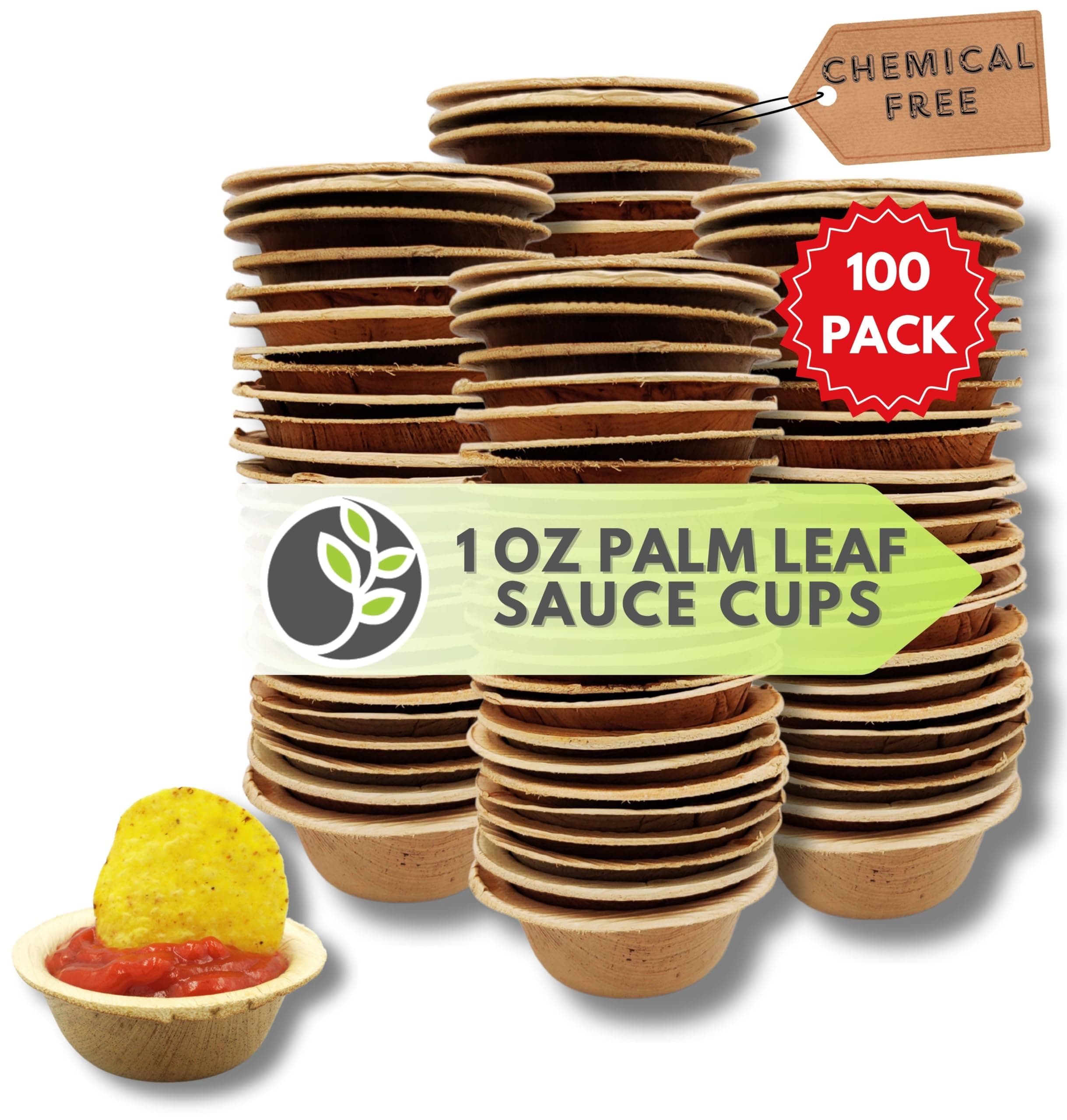 Mini Palm Leaf Dip Bowls - 2.5 Inch 100 Pack Sauce Cups - Same as Small Bamboo Bowls for Sauces - Eco Friendly, Disposable, Compostable and Biodegradable - Mini 1.5 oz Ramekins