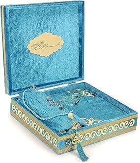 Ihvan Online Luxury Islamic Prayer Velvet Covered Gift Box, Deluxe 4 Piece Set With Elegant Quran & Beads Tesbih Rug, Ramadan Eid Gift, Petroleum…