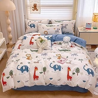 DJY Kids Duvet Cover Twin Size, 100% Cotton Zoo Animals Duvet Cover Set for Boys Girls, Cartoon Lion Giraffe Elephant Print, Soft Breathable Bedding Set(1 Duvet Cover+1 Pillowcase)