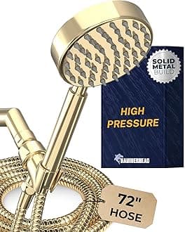 HammerHead Showers® ALL METAL Handheld Shower Head with Hose and Brass Holder - POLISHED BRASS - 2.5 GPM High Pressure Shower Heads with Adjustable Shower Wand Bracket - 6ft Flexible Extension