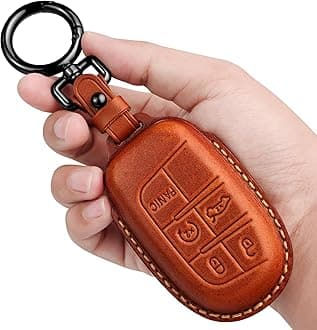 Tukellen for Jeep Key Fob Cover Leather,Leather Key Case Protector Compatible Jeep Grand Cherokee Renegade Chrysler 200 300 Dodge RAM Durango Challenger Journey Dart Fiat (only for Keyless go)-Brown