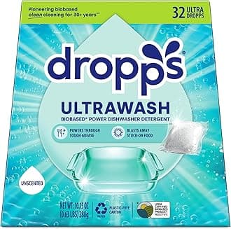 - Dropps UltraWash Dishwasher Detergent Pods, Unscented (32 Ct) - Free & Clear | Cuts Grease & Stuck-On Food | Sparkling Dishes & Glasses | Residue-Free | Clean Ingredients | Plastic Free Packaging