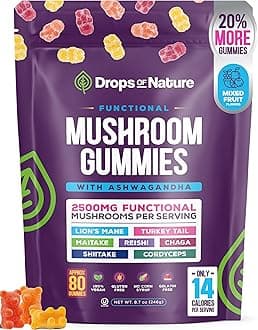 Ashwagandha Gummies and Lions Mane Mushroom Gummies - Reishi, Cordyceps, Turkey Tail, Maitake, Shitake, Chaga - Mushroom Supplement for Immune Defense, Boosts Cognitive Performance, Low Carb