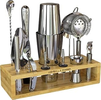13-Piece Boston Cocktail Shaker Set Stainless Steel Mixology Bartender Kit With Stand For Home Bar Cocktail Set | Laser Engraved Cocktail Tools | Plus E-Book with 30 Cocktail Recipes