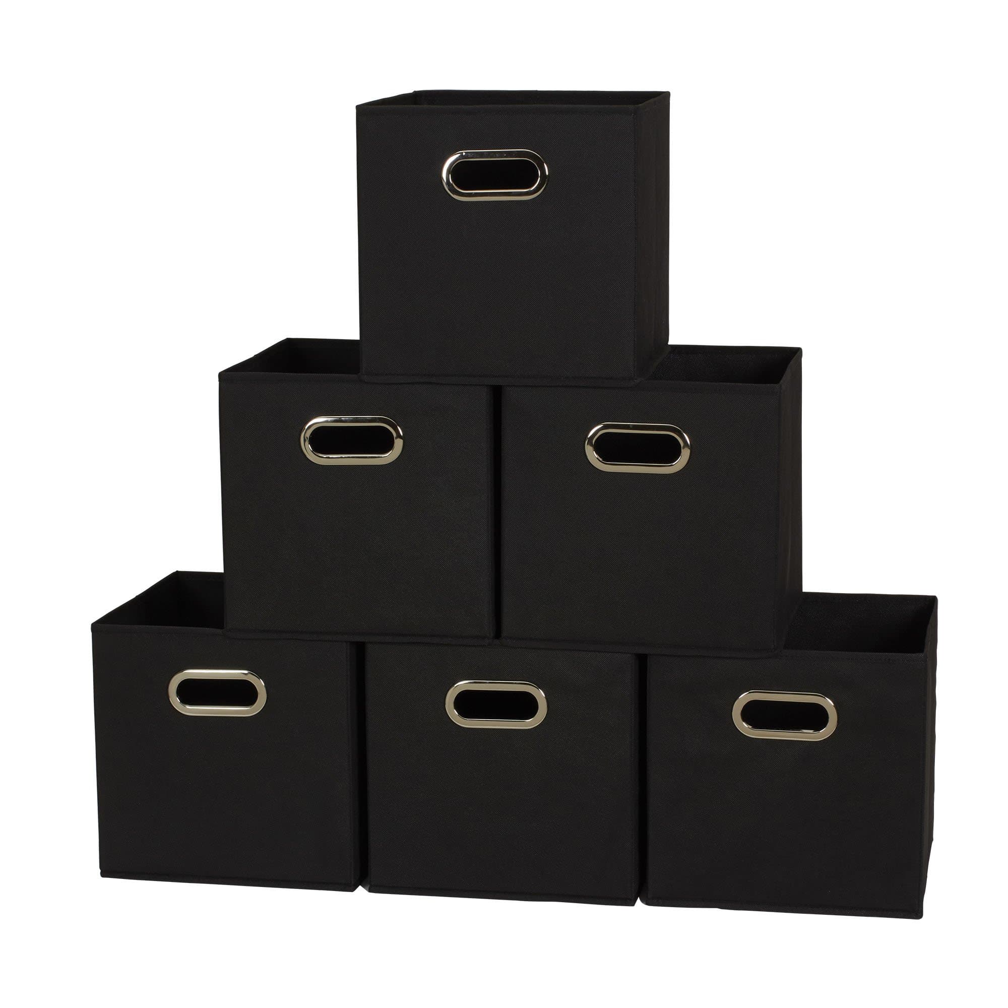Household Essentials Foldable Fabric Storage Bins 6 Piece Set, Strong Poly-Woven Fabric, Sturdy Chipboard Sides, Grommet Front Handle, Stackable and Foldable, Classic Design, Black