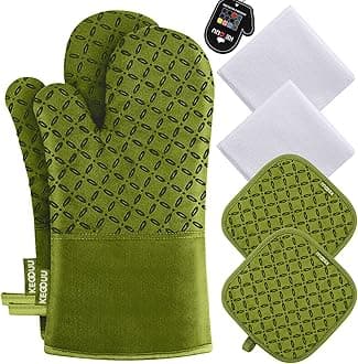 KEGOUU Oven Mitts and Pot Holders 6pcs Set, Kitchen Oven Glove High Heat Resistant 500 Degree Extra Long Oven Mitts and Potholder with Non-Slip Silicone Surface for Cooking (Olive Drab)