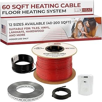 LuxHeat 60sqft Floor Heating Cable Kit - 240v Electric Heated Floor System for Tile, Vinyl, Laminate - Electric Radiant Heated Flooring System - Includes Heater Cable, Strapping, Sensor & Alarm