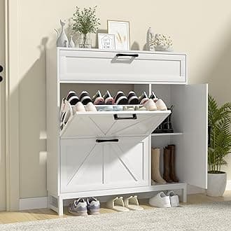 Betterhood Shoe Cabinet for Entryway with 2 Flip Drawers, Slim Freestanding Shoe Rack Organizer, Entryway Shoe Cabinet with Open Storage for Foyer and Hallway, White