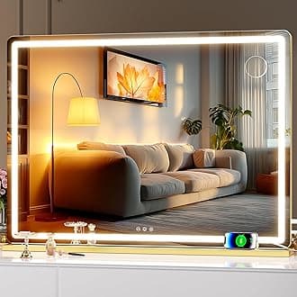 Hasipu Vanity Mirror with Lights, 100 x 75cm LED Makeup Mirror, Lighted Makeup Mirrors with Dimmable 3 Modes, Touch Screen Control Vanity Mirrors Round Gold