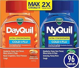 DayQuil & NyQuil Ultra Concentrated Liquicaps Co-Pack, Cold & Flu Medicine, Powerful Multi-Symptom Daytime & Nighttime Relief for Headache, Fever, Sore Throat, Minor Aches & Pains, & Cough, 96ct