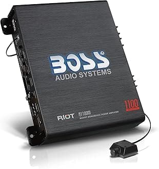 BOSS Audio Systems R1100M Riot Series Car Audio Subwoofer Amplifier - 1100W High Output Solid Molded A/B Class Stable 2/4 Ohm Drive Low/High Level Input Low Pass Crossover MOSFET Power Circuit Stereo 23.2 x 26.5 x 5.7cm (9.125 x 26.7cm) 10.43 75" x 2.25") Black