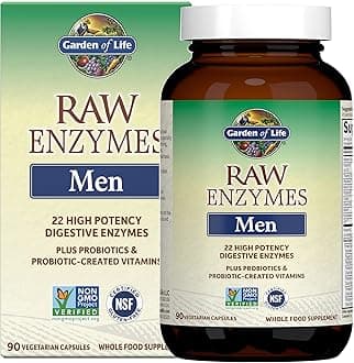 Garden of Life 22 Digestive Enzymes for Men with Bromelain, Papain & Lactase Plus Probiotics & Whole Food Vitamins B12, Biotin & Zinc – RAW Enzymes – Non-GMO, Gluten-Free, Vegetarian, 90 Capsules