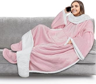 PAVILIA Sherpa Blanket with Sleeves, Foot Pocket for Women Men Adults, Thick Wearable Blanket Throw Wrap, Fleece Warm Snuggle Blanket Robe, Cozy Gift Ideas Wife Mom, Pink