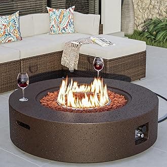 COSIEST 42 inch Outdoor Propane Fire Pit Coffee Table w Concrete Round Base Patio Heater, 50,000 BTU Stainless Steel Burner, Free Lava Rocks, Rain Cover, Brown