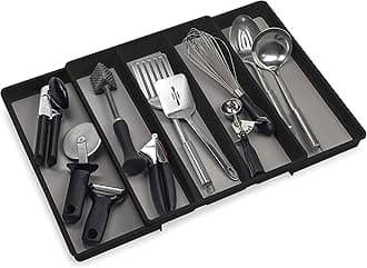ELTOW Expandable Utensil Drawer Organizer, 5 Compartment Non-Slip & Adjustable Utensil Tray for Kitchen Drawers, Kitchen Organization for Utensils, Office Supplies, Flatware Storage - Black