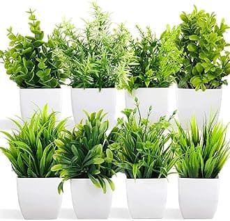 Dekorly Artificial Potted Plants, Artificial Plastic Eucalyptus Plants Small Indoor Potted Houseplants, Small Faux Plants for Home Decor Bathroom Office Farmhouse (Set 0F 8)