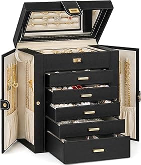 AKOZLIN 6-Tier Jewelry Box Organizer Functional 5 Drawers Leather Jewelry Storage Case for Women Girls Ring Necklace Earring Bracelet Holder Organizer with Mirror Black