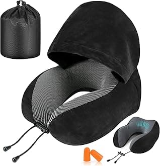 Travel Pillow, Neck Pillow for Travel with Hood for Airplane, Velvet Memory Foam Neck Pillow Adult Head & Neck Support, for Long Flights Plane, Office, Cars Sleeping & Rest (Black)