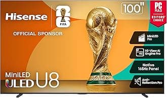 100" Class U8 Mini-LED ULED 4K UHD Google Smart TV (100U8QG, 2025 Model) - QLED, Native 165Hz, VRR 288, Up to 5000 Nits, HDR10+, Dolby Vision IQ · Atmos, IMAX Enhanced, 4.1.2 Ch Surround