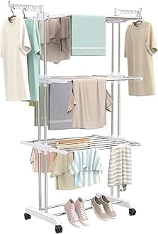 Synergy - Premium Heavy Duty Stainless Steel Clothes Drying Stand | Cloth Dryer Stand | Cloth Stand for Drying Clothes Foldable | Cloth Hanging Stand | Cloth Drying Stand (3 Tier) White - SY-CS21
