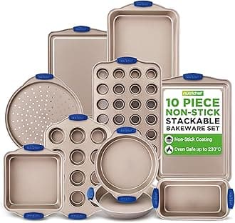 Kitchen Oven Baking Pans - Deluxe Nonstick Gold Coating Inside & Outside Carbon Steel Bakeware Set with Blue Silicone Handles, Durable & Reliable Cookie Sheet Oven Pan Style