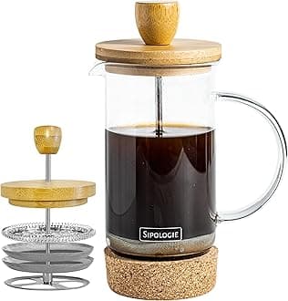 Sipologie Kumaon French Press Coffee Maker 350ml I Nature Inspired Wooden Lid and Cork Base | Premium Heat Resistant Borosilicate Glass I With Coffee Spoon and Extra Filter Mesh | 1 Cup