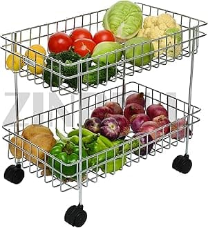 2 Layer Multipurpose Stainless Steel Portable Storage Rack Wro-lavi Kitchen Vegetable Trolley with Wheels for Kitchen Storage, ?Floor Mount, ?Tiered Shelf
