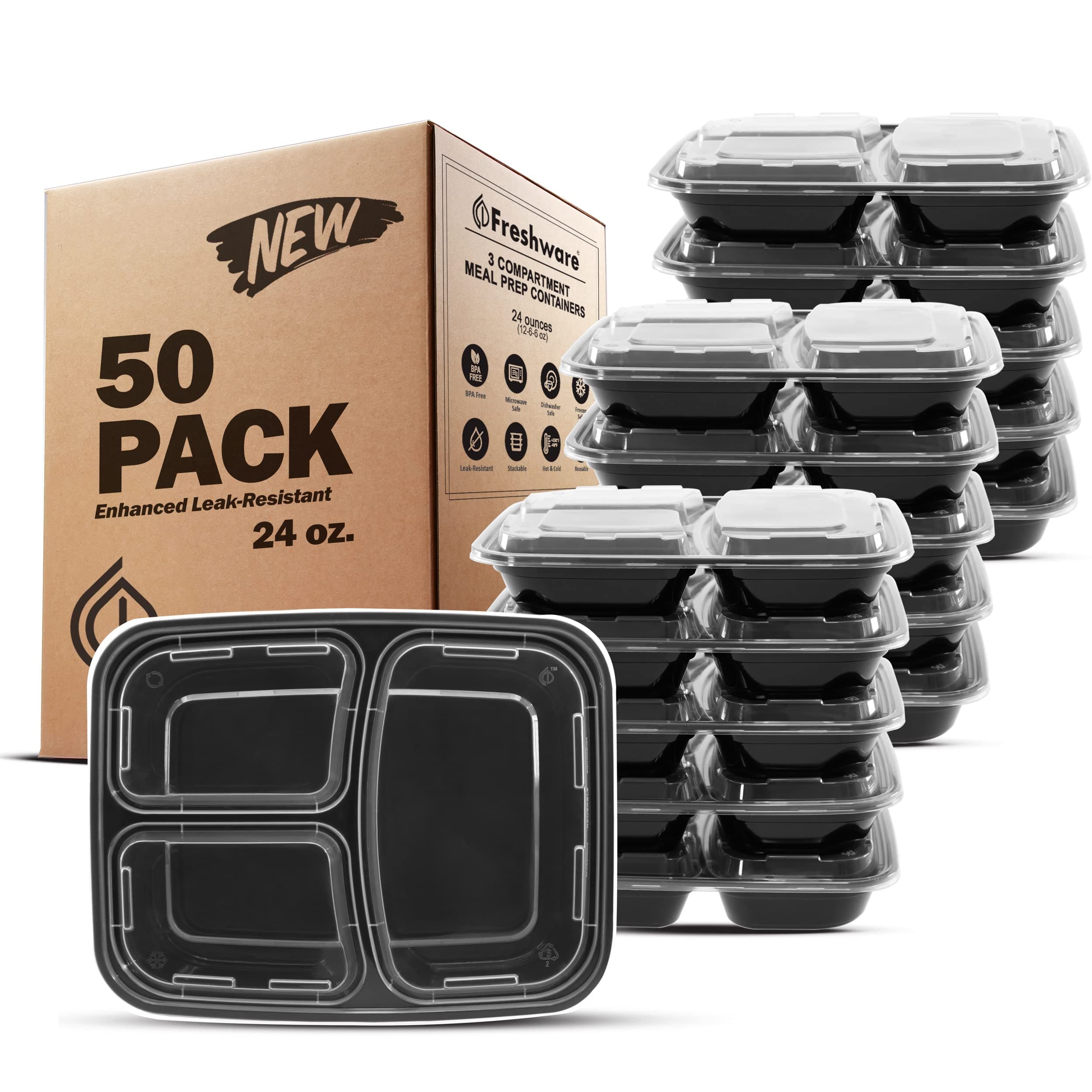 Freshware FR-324X50BK Meal Prep Containers 3-Compartment 24, Plastic Polyethylene, 24OZ,50PK