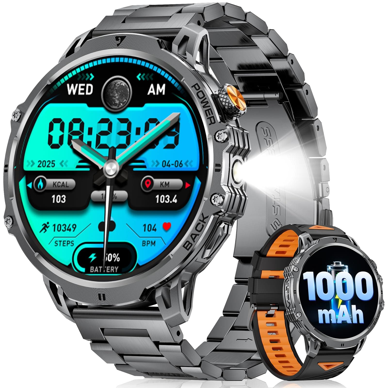 Smart Watch for Men (Answer/Make Call), 1.85" HD-Display 1000mAh Battery Fitness Tracker with LED Flashlight, 100+ Sports Modes/IP68 Waterproof, Sport Smartwatch for Android IOS Black