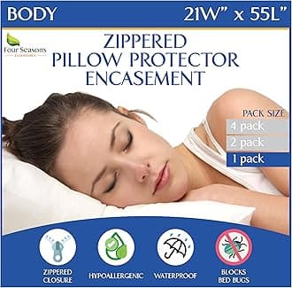 Four Seasons Essentials Body Size Pillow Protector – Allergy Pillow Cover Waterproof Bedbug Hypoallergenic Dust Mite Allergen Proof Zippered Encasement