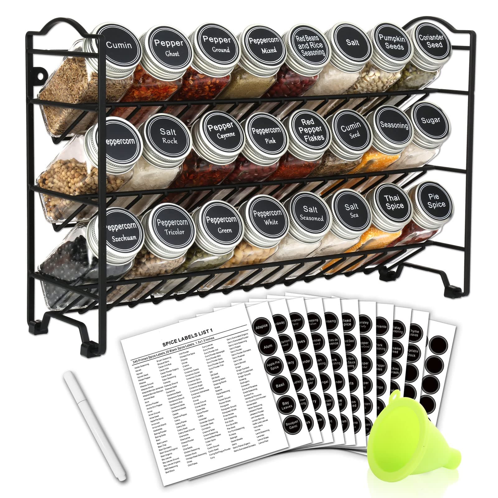 SWOMMOLY Spice Rack Organizer with 24 Empty Glass Spice Jars, 396 Spice Labels with Chalk Marker and Funnel Complete Set, for Countertop, Cabinet or Wall Mount, Black