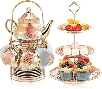 Maxcheck 21 Pcs Porcelain Tea Set for Women Tea Party with Metal Holder and 3 Tier Cake Stand Ceramic European Floral Teapot Set for Adults Mother's Day Christmas Thoughtful Gift(Vintage Style)