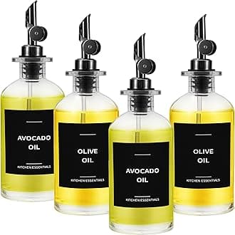 Olive Oil Dispenser Bottle - Includes 55 Kitchen Essential Labels - Cooking Oil Bottles for Kitchen, Coffee Syrup Dispenser - Pourer Spout with 11.8 fl oz Glass Container Cruet - 4pcs, Black