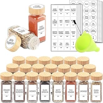 SWOMMOLY 24 Pcs Glass Spice Jars with Labels, Square Spice Jars with Bamboo Lids, 4 oz Empty Spice Bottles with Shaker Lids, Seasoning Spice Storage Containers Bottles