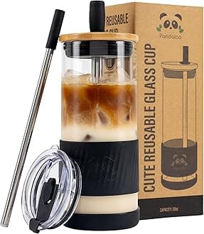 Glass Cups With Lids and Straws -20 Fl Oz- Perfect Size Iced Coffee Cup - Smoothie Cup With Bamboo Lid and On the go Lid - Glass Tumbler With Straw (1 Count (Pack of 1), Black Saphir)