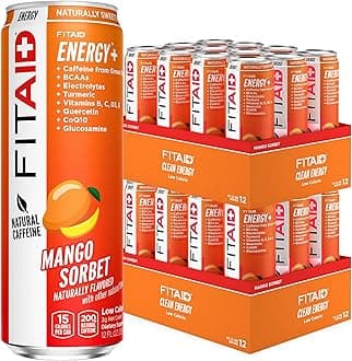 FITAID ENERGY, 200mg Natural Caffeine, Keto, Mango Sorbet, Optimum Performance Formula: BCAAs, Quercetin, Electrolytes, Omega-3s, 15 Calories, Paleo, Vegan & Gluten-Free, 12-oz. Cans (Pack of 24)