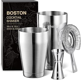 Boston Cocktail Shaker Set, 4-Piece Boston Shaker Tins Bartender Kit with 18oz & 28oz Mixed Drink Shaker, Hawthorne Strainer, Double Measuring Jigger, Cocktail Recipe Cards Included