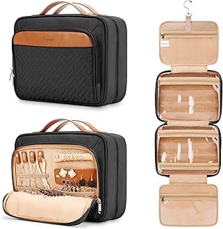 COOSKY Travel Hanging Toiletry Bag for Women, Holds Full-Size Shampoo, with Jewelry Organizer Compartment, Extra Large Makeup Bag, Waterproof Cosmetic Bag, Toiletries Kit Set with Trolley Belt, Black