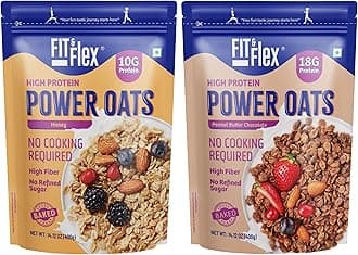 FIT & FLEX High Protein Ready To Eat Oats,Baked Peanut Butter Chocolate & Honey Oats,Zero Refined Sugar,Gluten Free & Preservative Free - (400 G Each) Assorted Combo Pack of 2