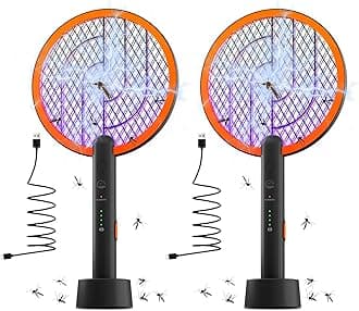 Electric Fly Swatter Racket, Mosiller 2 in 1 Smart Bug Zapper & Power Take Off Generators with USB Rechargeable Base, Powerful Mosquitoes Trap Lamp & Fly Killer for Home, Bedroom (Black（2 Pack）)
