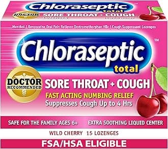 Chloraseptic Total Sore Throat & Cough Lozenges, Wild Cherry, Cough Drops with Liquid Center to Numb Sore Throat for Up to 4 Hours, 15 Count, Pack of 6