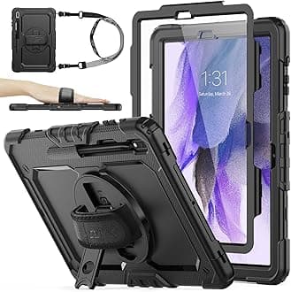 SEYMAC stock Case for Samsung Galaxy Tab S8 Plus / S7 FE 5G 12.4 with Screen Protector [360 Rotating Stand]Hand Shoulder Strap Protective Case for Galaxy Tab S8 Plus/ S7 FE 12.4'' 2022/2021, Black
