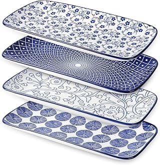 Ceramic Rectangular Salad Plates Set, Dinner Plate 9.4 Inch Dessert Plates for Party Entertaining, Small Serving Plates for Appetizers, Sushi, Fruit, Set of 4, Vintage Blue