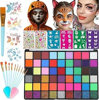 Face Painting Kit for Kids, 54 Colors Professional Face Paint Makeup Kit Non-Toxic Water Activated Facepaint Palette with Brush, Stencil, Sponge, Gem, for Party Halloween (54 Colors)