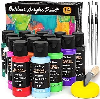 Nicpro 14 Colors 4.06 oz Outdoor Acrylic Paint Bulk with Brush and Sponge, Knife, Non-Toxic Paint for Multi-surface Rock, Wood, Fabric, Leather, Crafts, Canvas, Shoes and Wall Painting