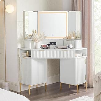 T4TREAM Corner Vanity Desk with Mirror and Lights, Fluted Vanity with Glass Top, Fixed Three-Panel Mirror & Charging Outlet, Dressing Table with 3 Drawers & 2 Storage Cabinets for Bedroom, WhiteThe Forest Stewardship Council